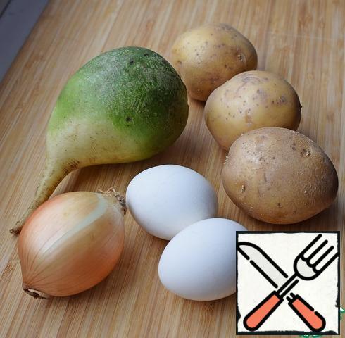 Cook the eggs. Slice or grate.
Cook potatoes "in uniform".