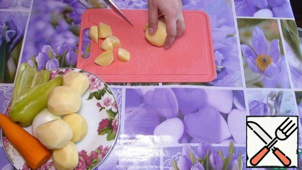 Potatoes are also cut into small pieces.