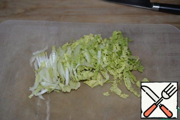 Peking cabbage cut into thin strips.