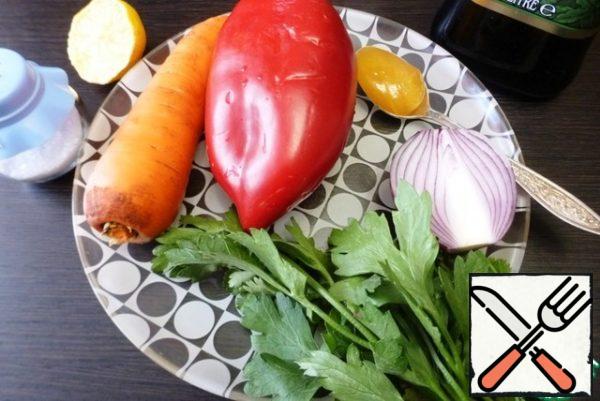 While the meat is cooking, prepare the vegetables and ingredients for the salad dressing.