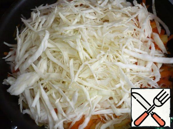 Cut the cabbage into thin strips, add the onion and carrot to the pan. Simmer over high heat, stirring constantly. About 10 minutes.