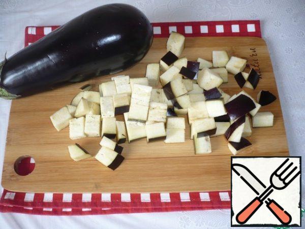 Peel the eggplant (I do not do this) and cut into large cubes.