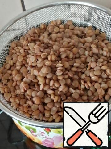 Boil the lentils. Cooking time is 15-20 minutes. Toss in a colander.