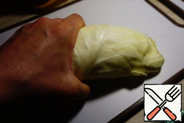 Cabbage leaves are rolled into a tube.