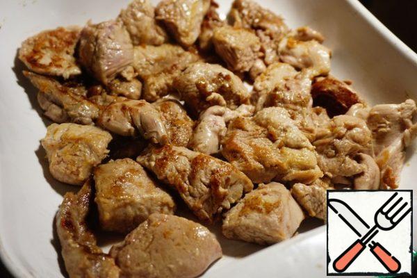 We put the meat in a baking dish.