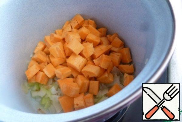 Add the sweet potatoes, cut into cubes and fry for another 3-5 minutes.