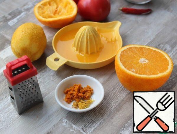 Grate the orange and lemon zest. Squeeze out the juice.
