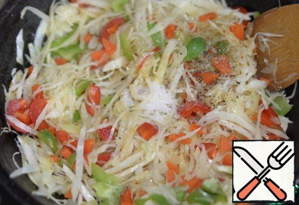 Add salt, sugar, and a mixture of peppers.