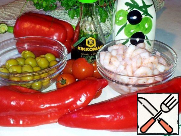 Bulgarian red pepper, olives stuffed with salmon, shrimps peeled and boiled in boiling salted water for one minute, cherry tomatoes, soy sauce, parsley...
