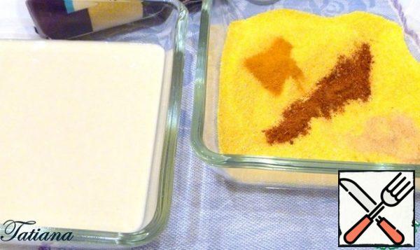 Prepare the batter and cornbread.
Batter: in a cup, mix the flour, a little salt and carbonated water at room temperature (batter density=sour cream density), set aside for 15-20 minutes (to swell the flour). Pour the finished batter into a shallow bowl (so that the cabbage steak would fit in it). In another bowl, combine the polenta, a pinch of salt, turmeric, paprika, and garlic powder.