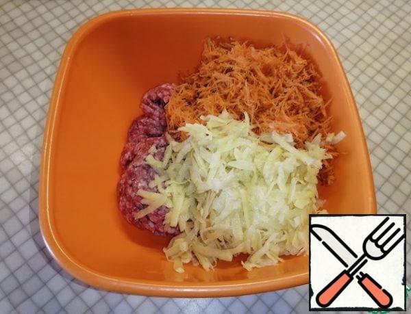 Grate the potatoes on a coarse grater. Add the minced meat and carrots to the bowl.