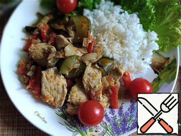 Served with boiled rice and added lettuce and cherry leaves.