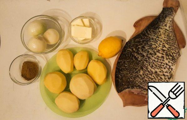 Preheat the oven to 180C.
Prepare the ingredients, get the butter so that it softens) I pre-cleaned the bream from everything superfluous) prepared potatoes and onions)