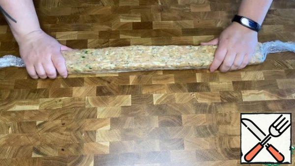 From the minced meat to form a sausage.