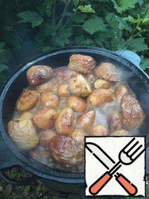 Mix everything, if desired, add lavrukha and pour boiling water, so that only the duck is covered. Salt, pepper. Spread the potatoes on top, so that they do not float in the water, in order to avoid turning them into porridge. Cover with a lid and, reducing the heat to medium-low, pour the potatoes, cover with a lid and simmer for an hour. After that, add the apples and simmer for another 15 minutes, without stirring.