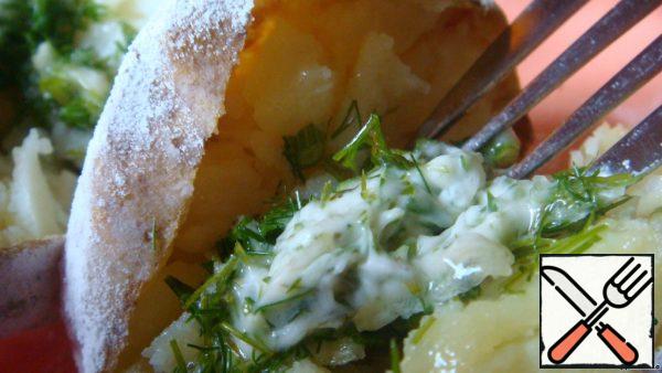 Are the potatoes ready? We take out, cut, put our butter and herbs in the incision, add vegetables to a plate - and enjoy!
Bon Appetit!

P.S. By the way, do you have any flour and salt left? Do not throw it away, and leave it in the bag until the next time, I think it will not take long!