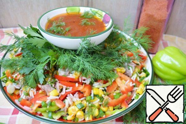 We pour our salad with ready-made sauce and serve it to the table with a lot of fresh herbs!