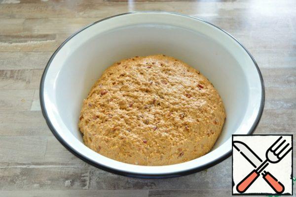 Grease a bowl with vegetable oil, put the dough in it and leave to ferment for 8-12 hours at a temperature of about 15-18°C.If the room is very warm, then reduce the fermentation time to 5 hours.