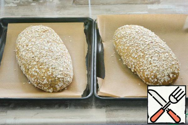 CUTTING THE DOUGH AND BAKING.
From this amount, two rather large loaves come out.

To cut the dough, sprinkle the surface liberally with oat flakes, form loaves of any shape. Place them on a baking sheet covered with parchment. Leave to rise for 1 hour.