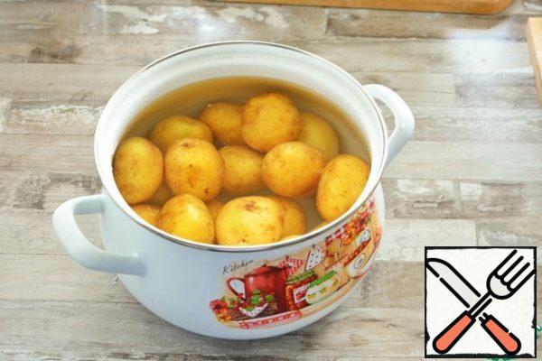As soon as the saline solution boils, lower the potatoes into it, wait for it to boil. Potatoes should be cooked at a fairly strong boil without a lid for 15-20 minutes (small potatoes) or 30-40 minutes (larger potatoes).

Check for readiness is classic: pierce with a knife, the potatoes should become soft.