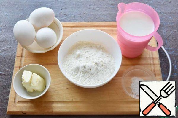 Prepare the products: milk, eggs, salt, flour, butter.
First of all, we will prepare the dough for crepes.