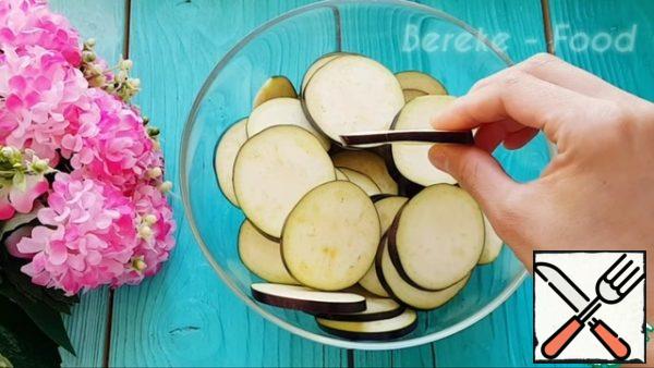 Cut the eggplants into thin rings, add 0.5 tsp of salt, mix, cover with a plate and leave for 20 minutes. Sweet pepper, cucumbers are cut into thin strips. Then divide the tomato in half, remove the core and cut into strips. Cut the onion into cubes.