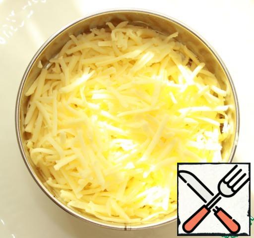 The fourth layer is grated cheese on a medium grater.