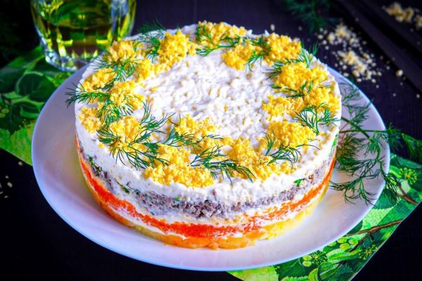 Classic Mimosa Salad with Canned Fish and Potatoes Recipe