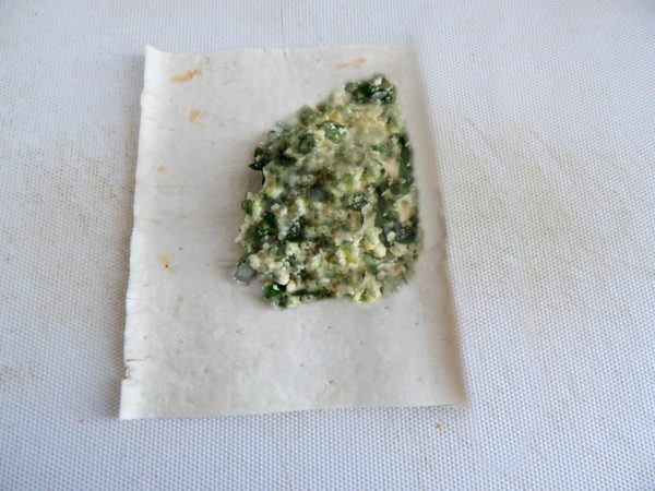 Unwrap the thin pita bread and cut it into small, identical squares or rectangles. Place a small portion of the filling in the center of each piece of pita bread using a tablespoon. Carefully roll the pita bread into an envelope, ensuring it stays intact during frying. If the pita bread appears dry and there's a risk of cracking, you can lightly brush it with mayonnaise to enhance elasticity.


