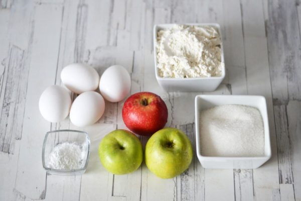 Making a fluffy apple charlotte is easy! Begin by gathering all the necessary ingredients. You can use apples of the same variety or mix different ones, as long as they are delicious, fragrant, and juicy. Opt for large, high-quality eggs. If your eggs are small, it's advisable to use an extra one. For more details on creating a fluffy sponge cake and understanding different oven functions, refer to separate articles provided at the end of this recipe.

