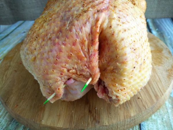 Remove the plastic wrap from the goose and secure the neck incision with toothpicks to prevent juices from escaping during baking.

