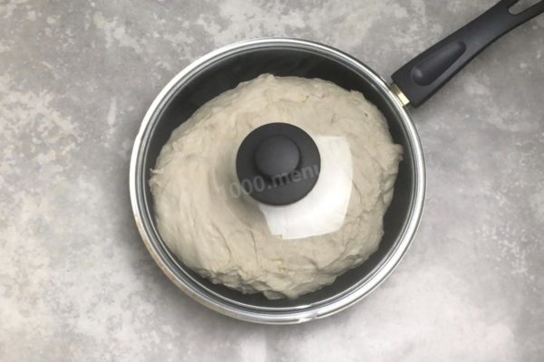 Transfer the dough to the frying pan and use your hands to spread it evenly across the bottom. Cover the pan with a lid and let it sit for another half-hour.

