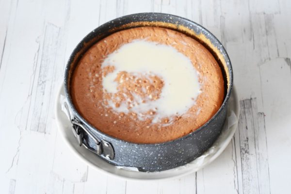 Gradually pour the milk mixture over the sponge, ensuring even absorption.


