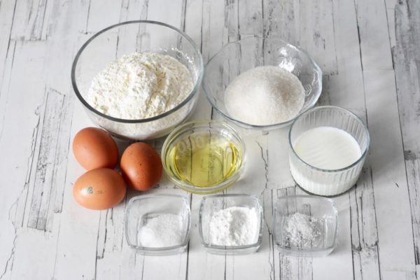 Begin by gathering all your ingredients as listed. For the sponge cake, use high-quality flour and large eggs. If the eggs are small, use an extra one.


